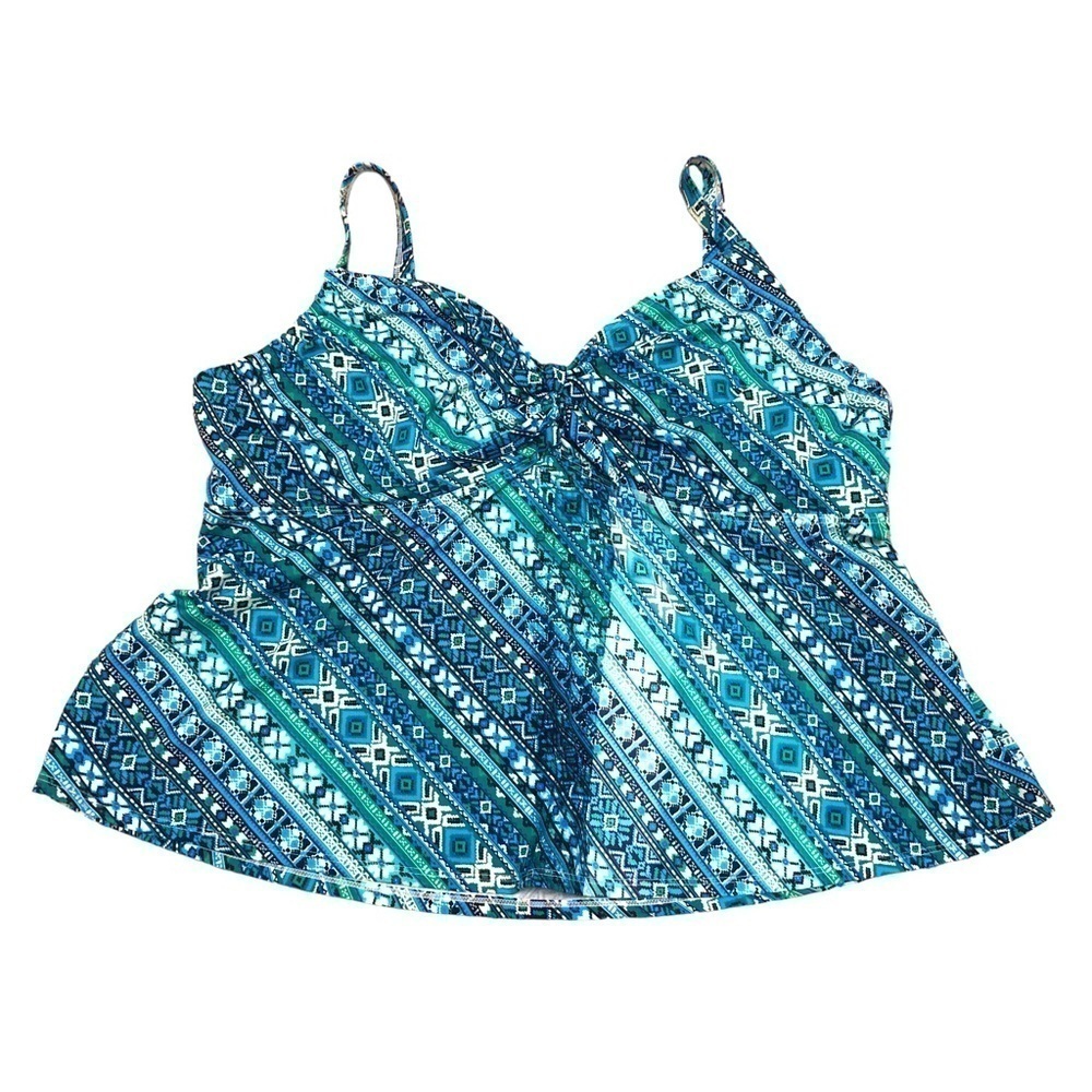 NEW - SWIMSUITS FOR ALL - Blue, Green & White Tribal Print Tankini Top - Size 26